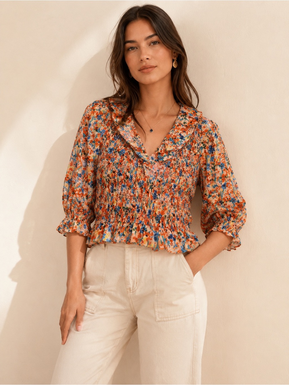 English Factory Crop Top Floral Smocked 3/4 Sleeve Ruffle Blouse Medium